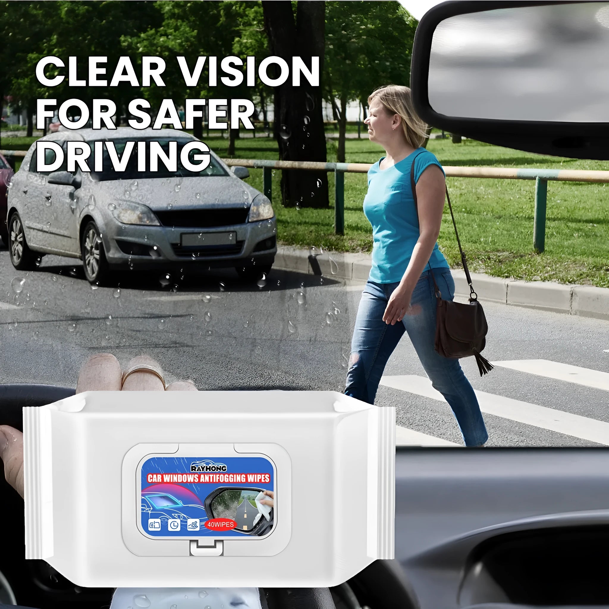 Pack of 40 car anti-fog rainproof wipes showing dimensions.