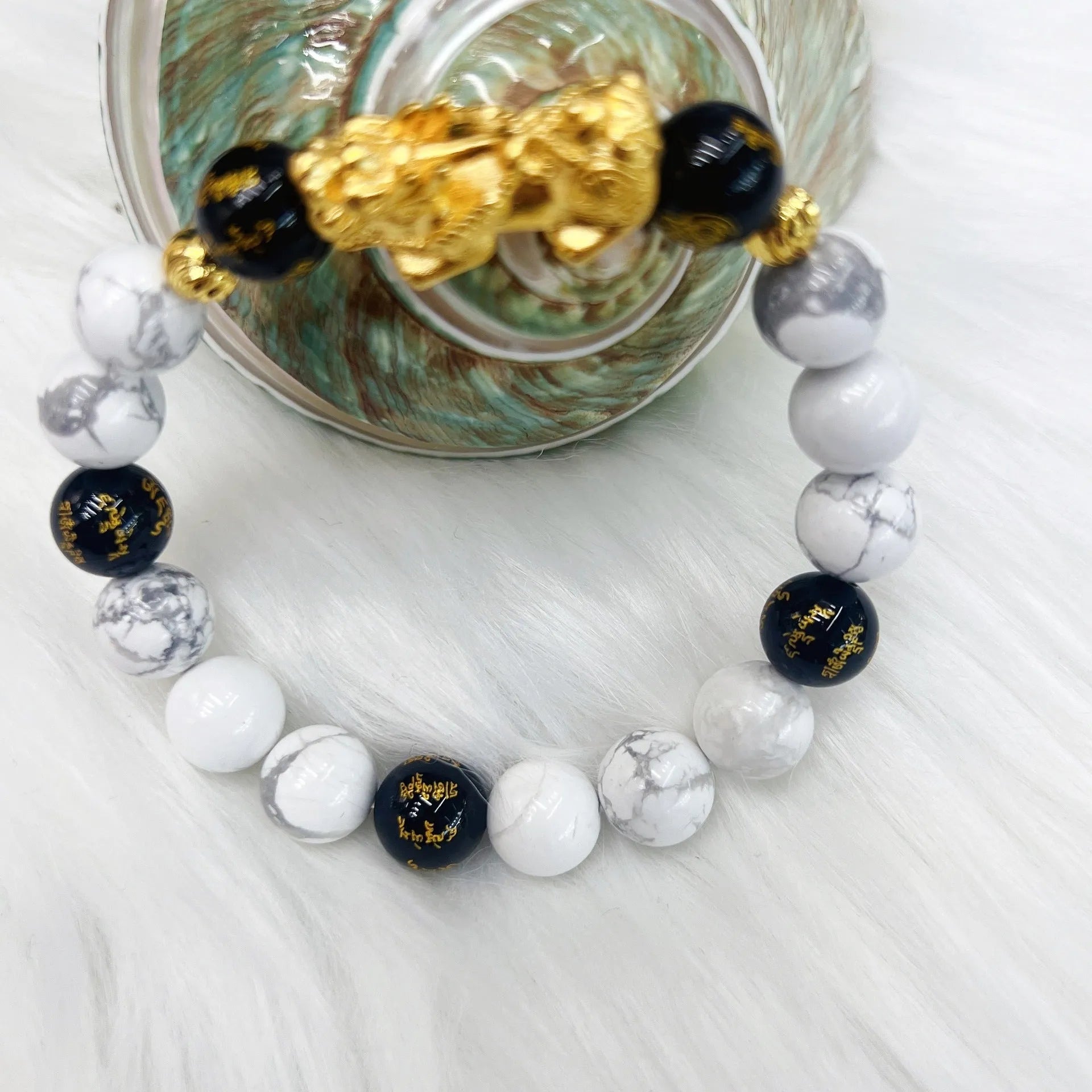 Handmade vintage bracelet with white turquoise and black agate stones for couples