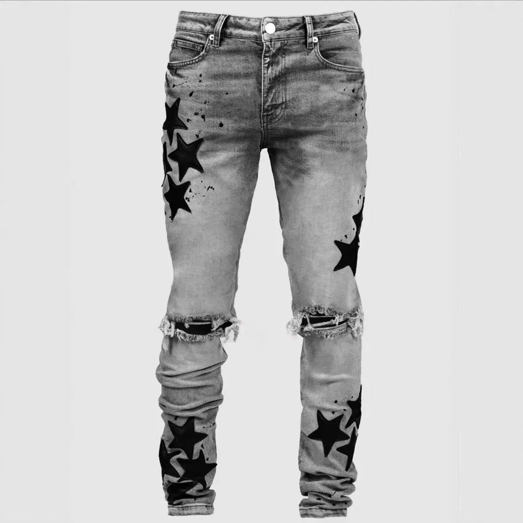 Men's slim stretch jeans with embroidery detailing on micro-elastic denim fabric