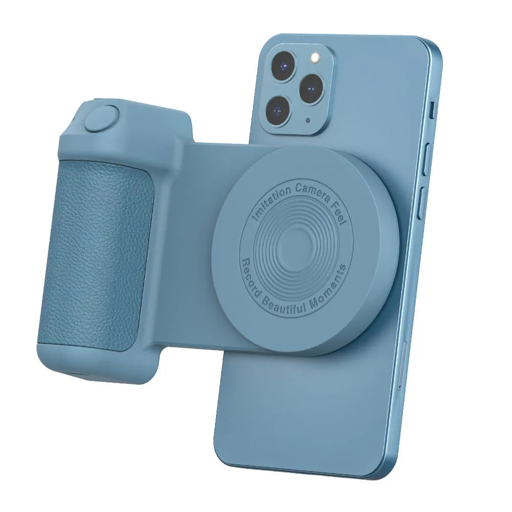 Black magnetic camera handle bracket holding smartphone with rotatable design and ergonomic grip