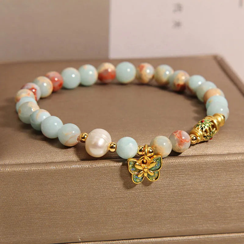 Blue women's bracelet with Shoushan stone and freshwater pearl butterfly pendant
