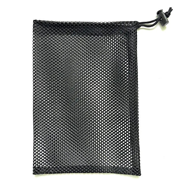 Black mesh drawstring storage bag for children's water balloons and toys.