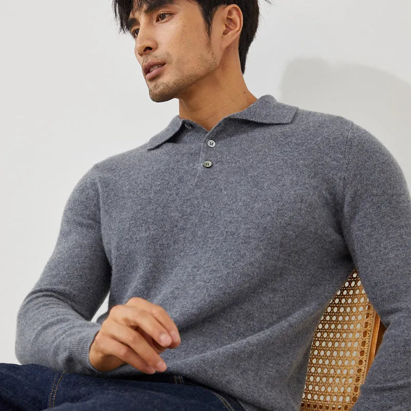 Men's cashmere pullover sweater with polo collar in sapphire blue colour showing loose fit design