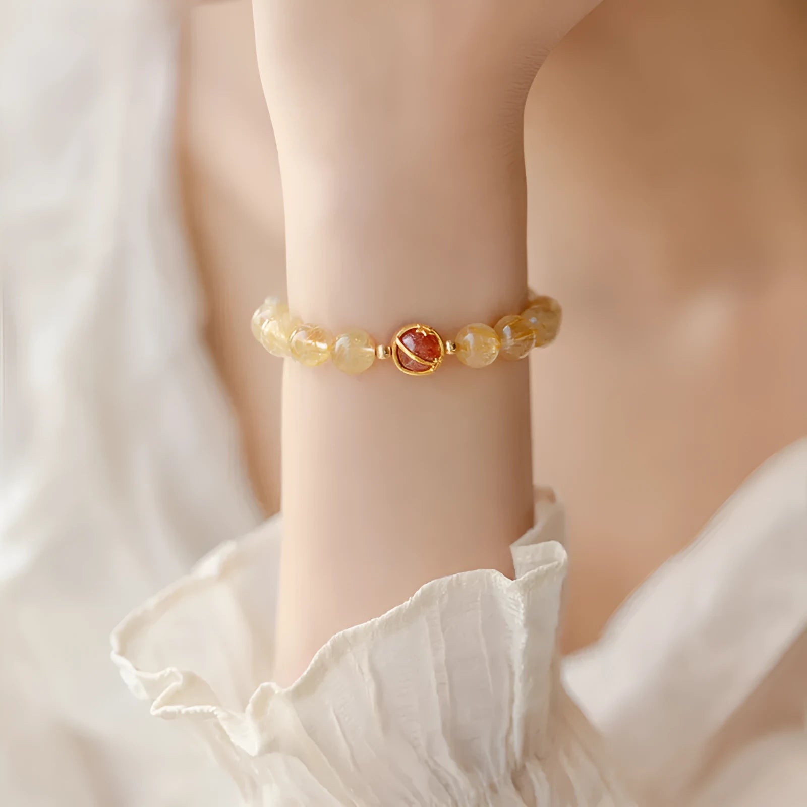 Natural citrine gold rutilated quartz crystal bracelet in Korean diamond style