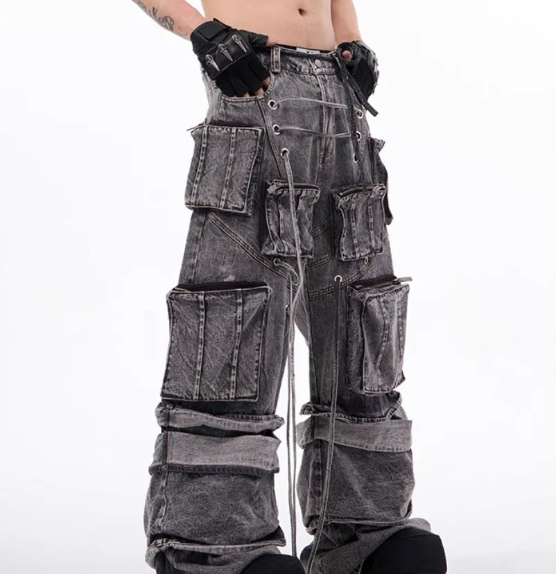 Grey distressed denim overalls with rope stitching mop pants design American style