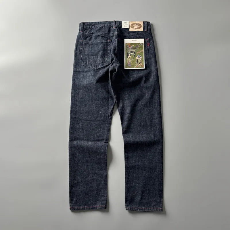 Men's straight leg denim trousers in primary colour with American retro styling and mid-waist fit