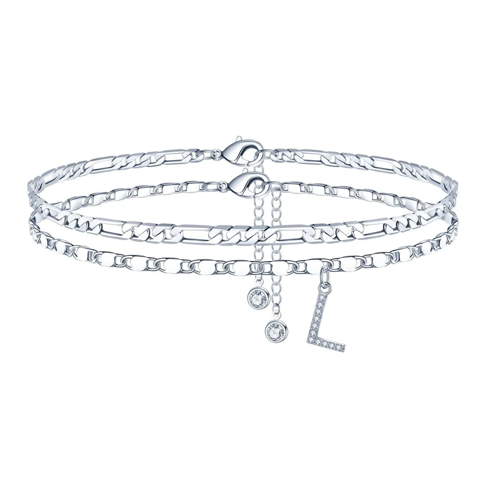 Silver-coloured copper anklet with a double-circle bead engraved with a letter.