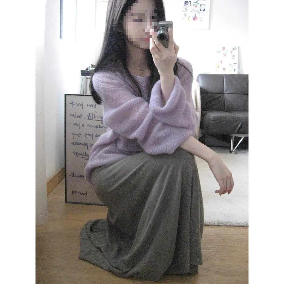 Purple ice silk women's blouse with princess sleeves and shoulder strap detail