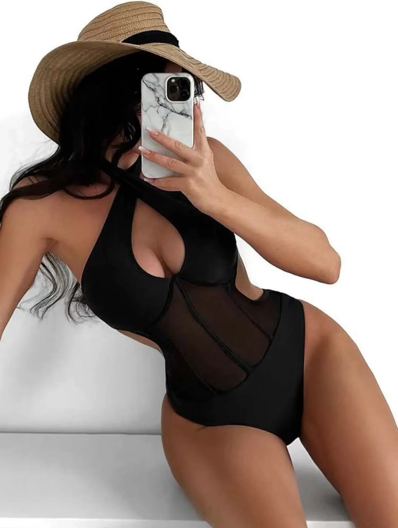 Women's black one-piece swimsuit made from nylon and spandex fabric