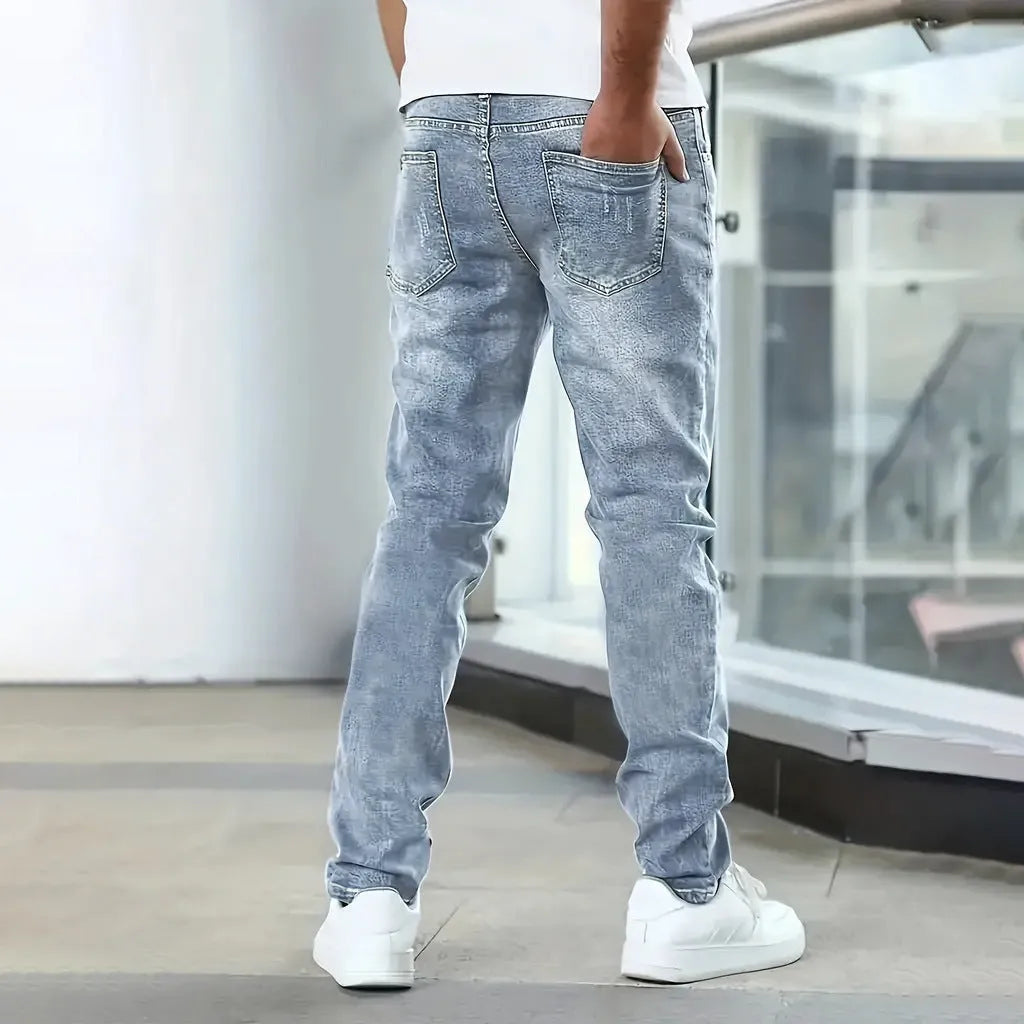 Men's stretch jeans in straight leg skinny fit with cotton-spandex fabric in black, dark blue or grey colours