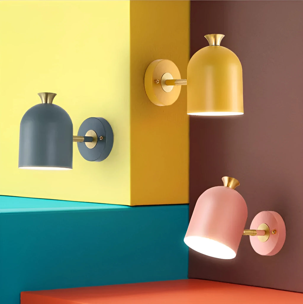Single-head aluminium bedroom wall lamp with mirror front panel in blue, green, pink, or yellow colour options