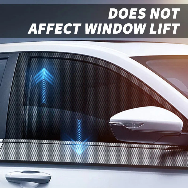Car side window mesh sunshade showing non-woven fabric screen with elastic edge installation on vehicle window