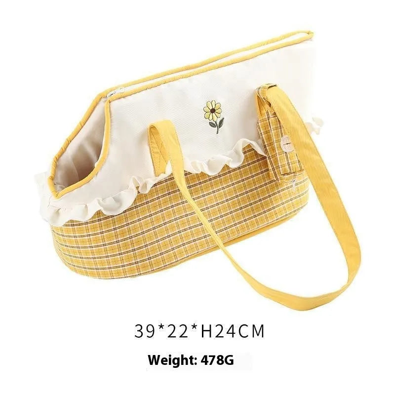 Shoulder cat bag pet carrier with cartoon pattern in green, red stripe, or yellow colours showing plush interior