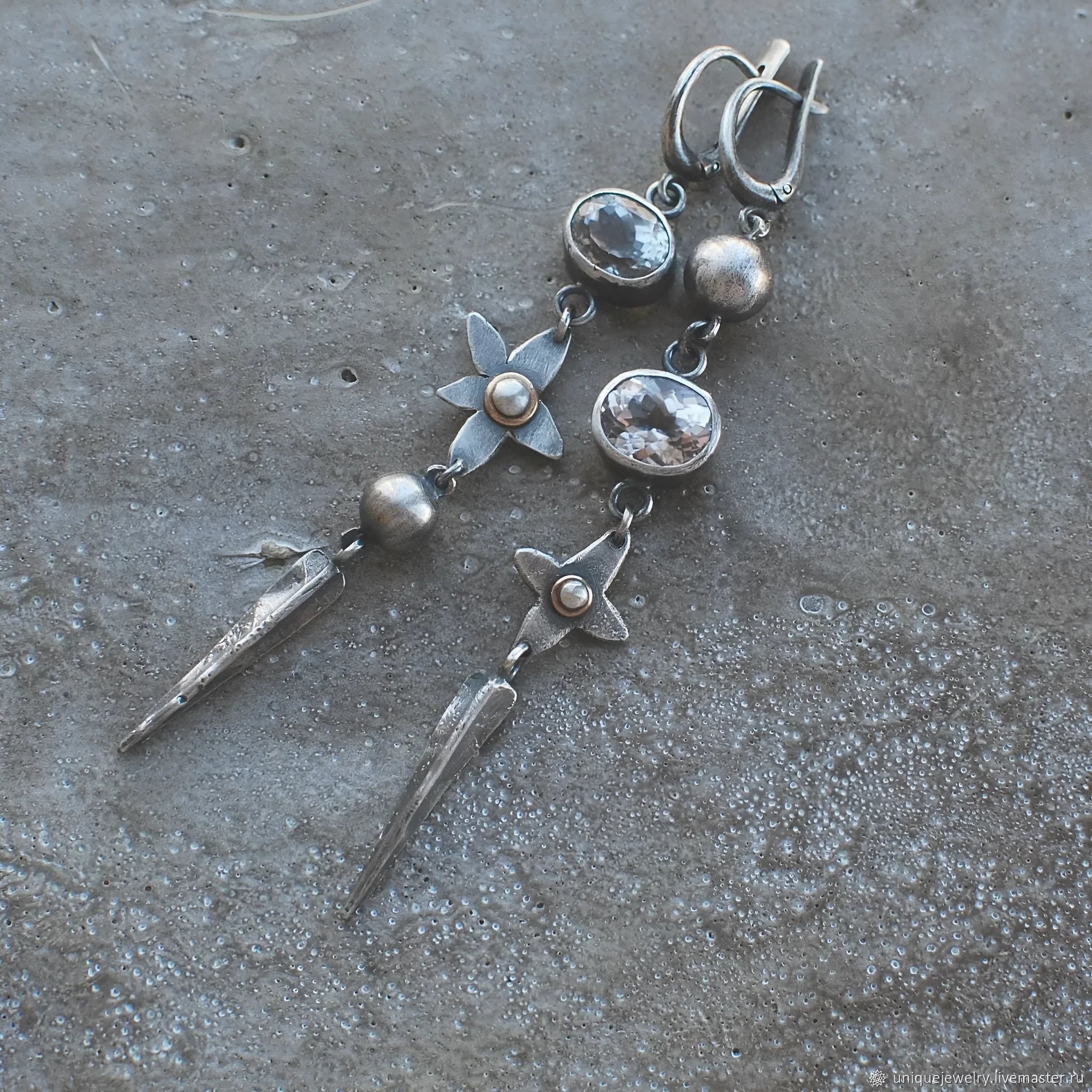 Geometric XINGX pendant earrings in antique silver with rhinestone detailing