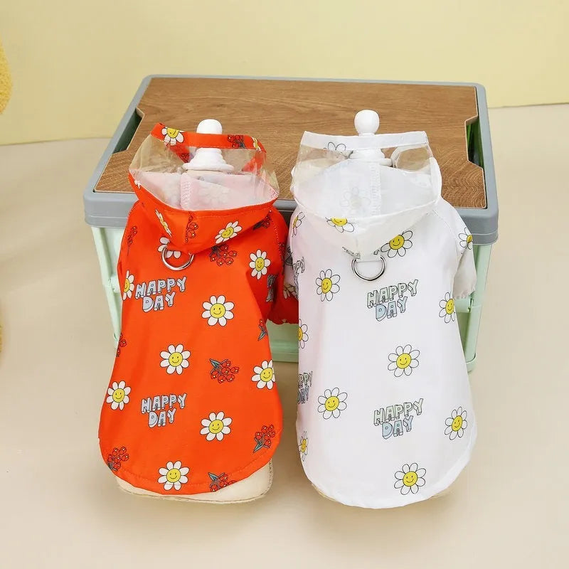 Two-feet style dog raincoat with back pull ring in orange small flower print