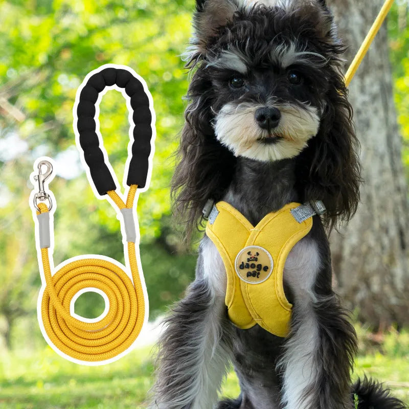 Polyester dog vest and matching hand holding leash in blue, green, pink, or yellow