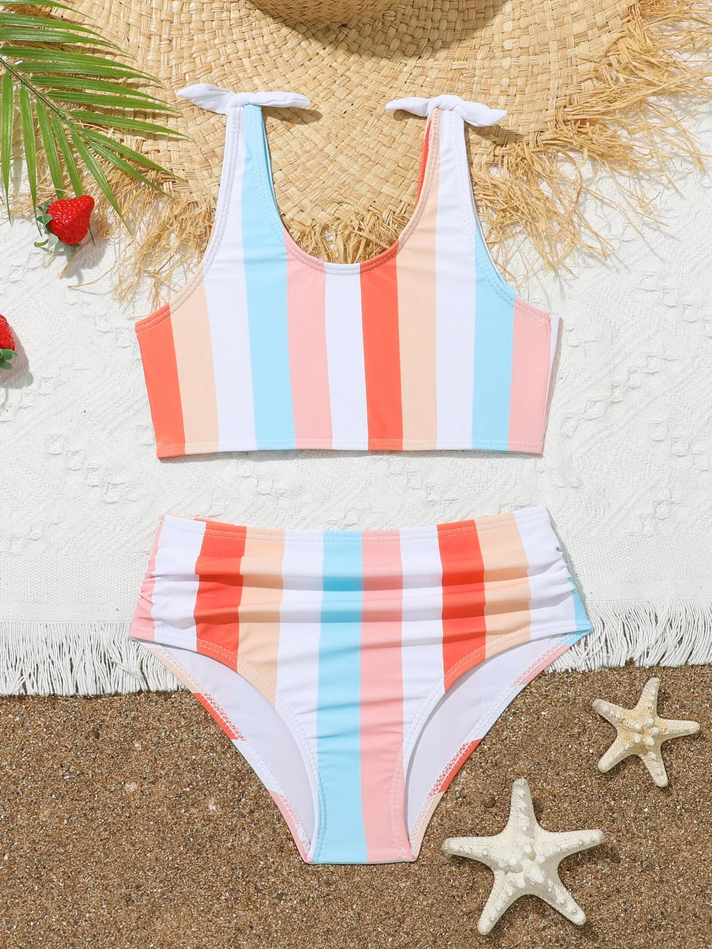 Girls plaid print briefs style swimsuit with polyester lining for swimming