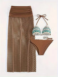 Women's brown gradient pattern bikini three-piece set with fishnet long skirt European American style swimwear