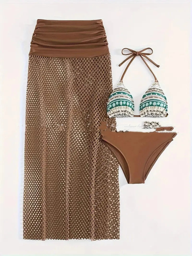 Women's brown gradient pattern bikini three-piece set with fishnet long skirt European American style swimwear