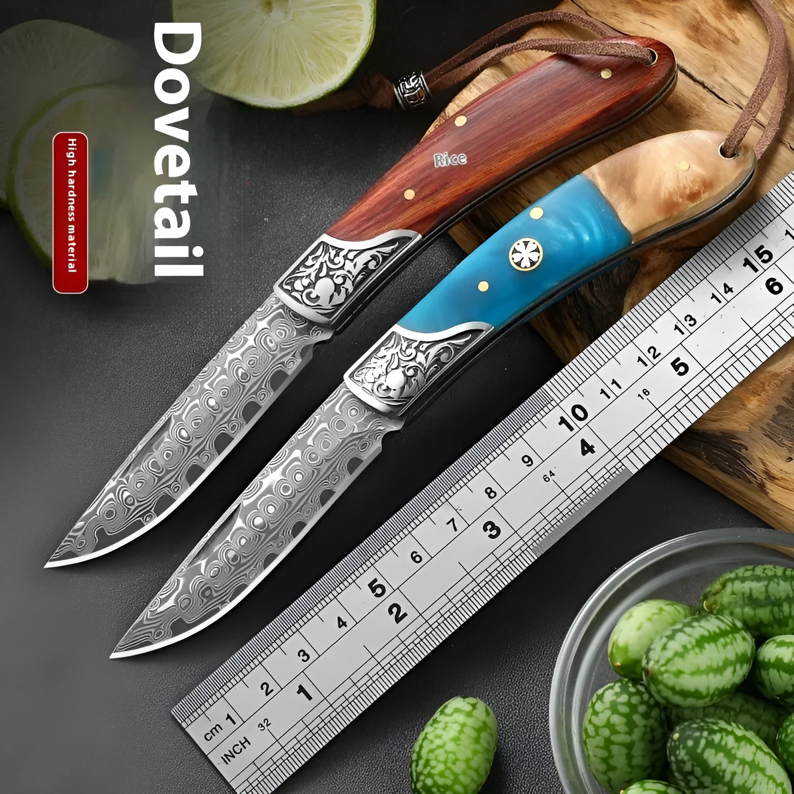 VG10 stainless steel folding pocket knife with a blue dovetail pattern handle.