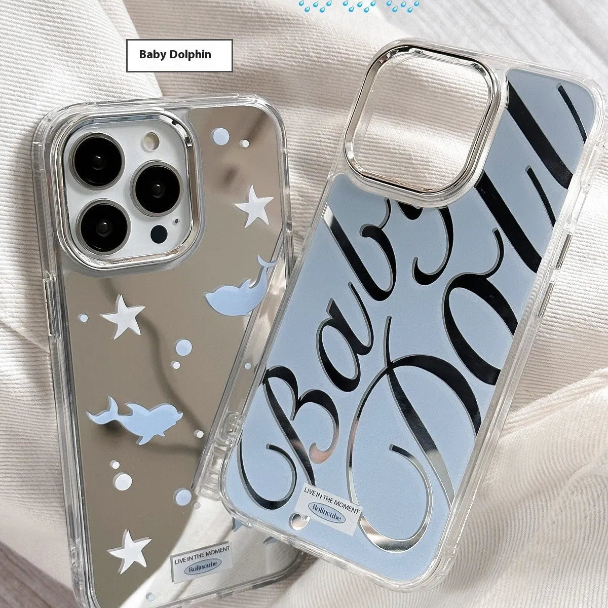 Transparent blue iPhone case with mirrored surface showing JMKJ letters, compatible with Apple models 11 to 16 Pro Max