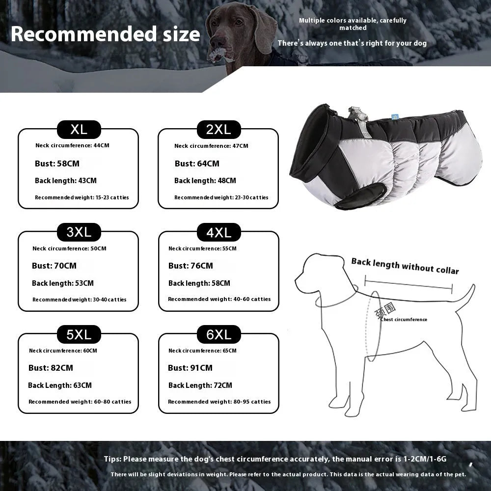 Large black dog wearing a blue reflective waterproof winter coat with polar fleece lining.