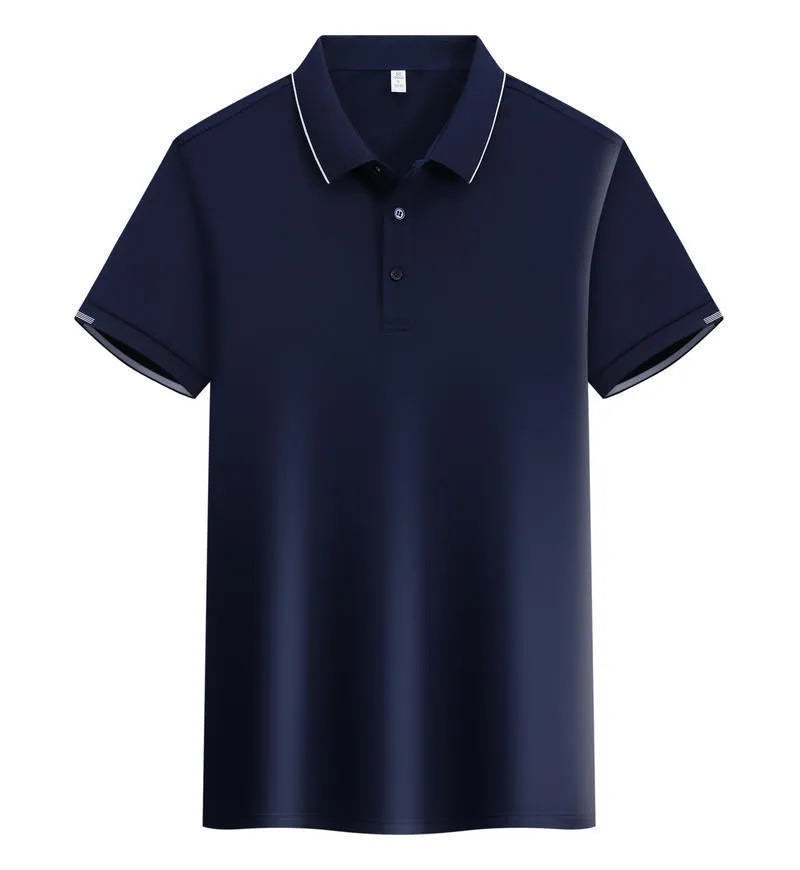 Loose fit cotton blend short sleeve polo shirt showing single-side colour secondary collar lapel detail.