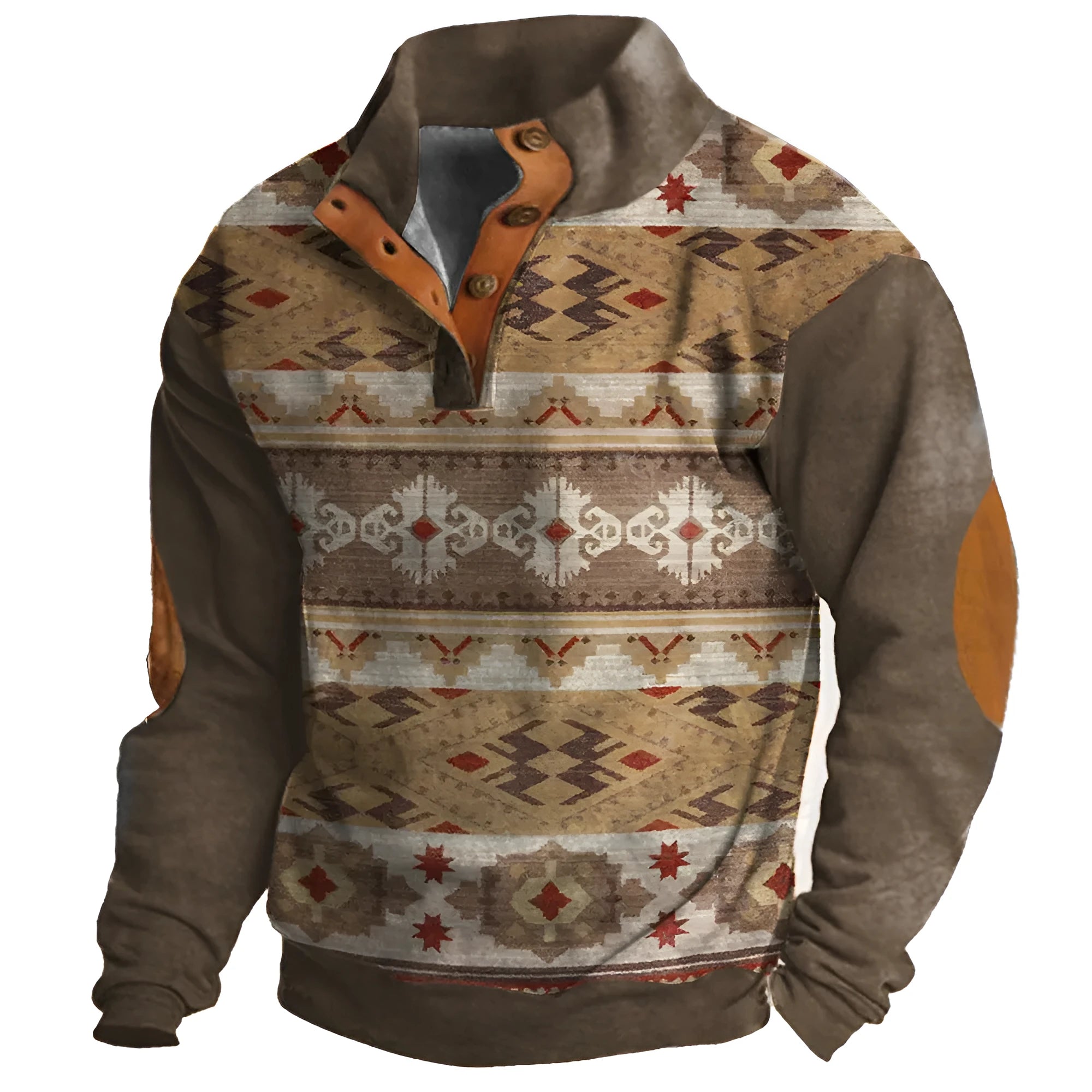 Man's loose fit grey sweater with blue 3D geometric digital print pattern and four-button front.