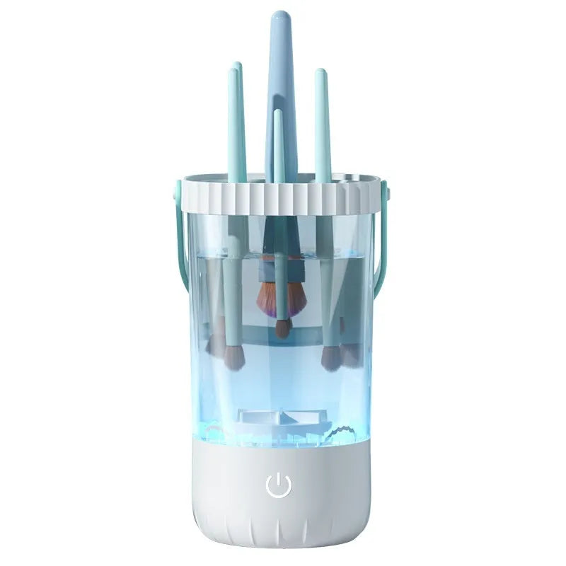 White rechargeable electric cleaning brush for makeup brushes with USB cable.
