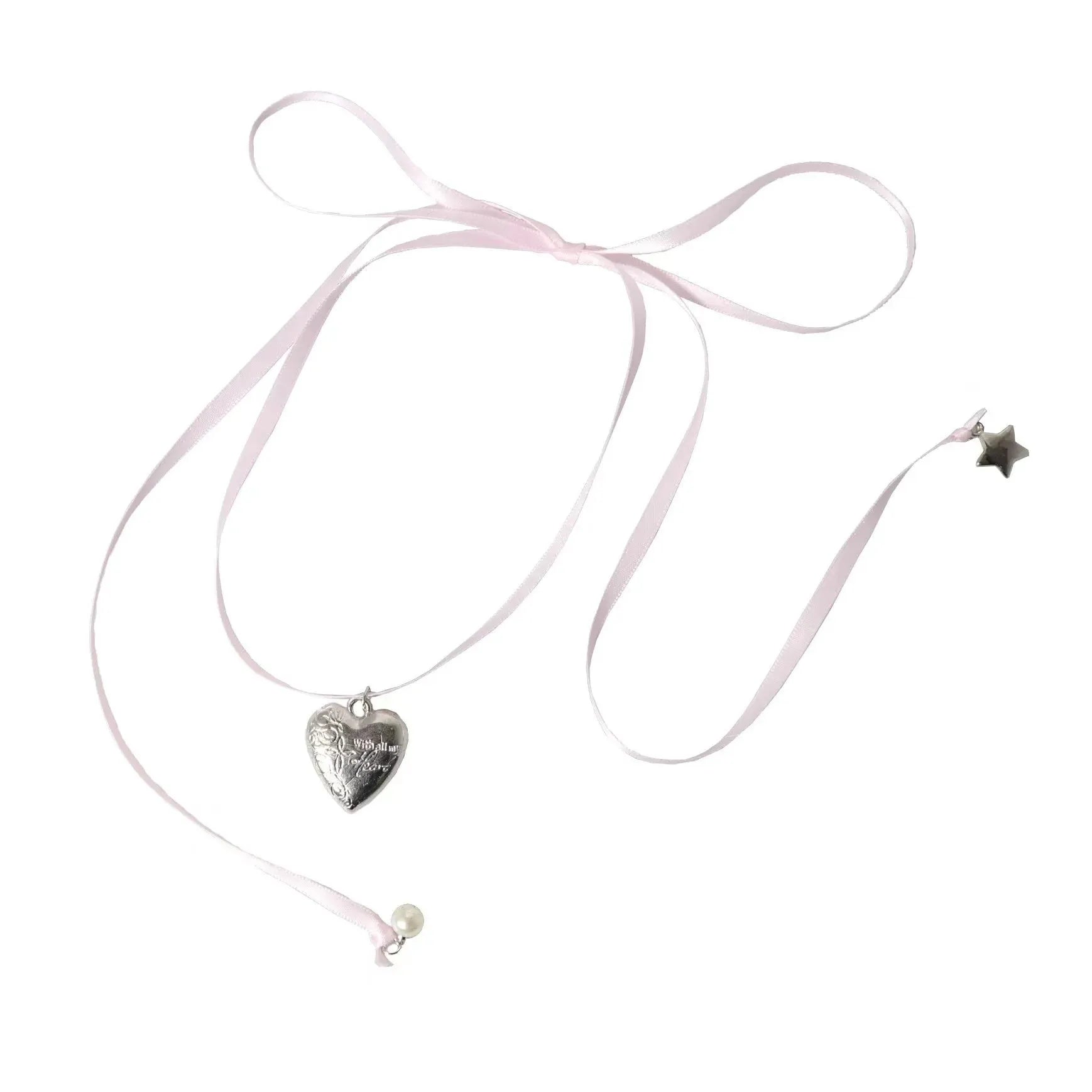 Women's ribbon and love pendant alloy necklace in electroplated finish