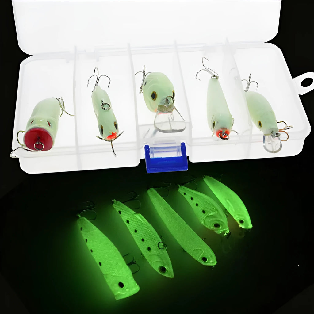 Set of five fluorescent 3D hard bait fishing lures with luminous finish on a blue background.