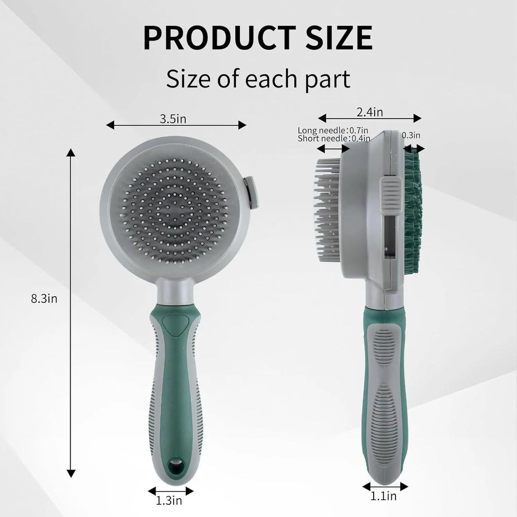 Green two-sided cat grooming brush with retractable slicker and silicone massager head