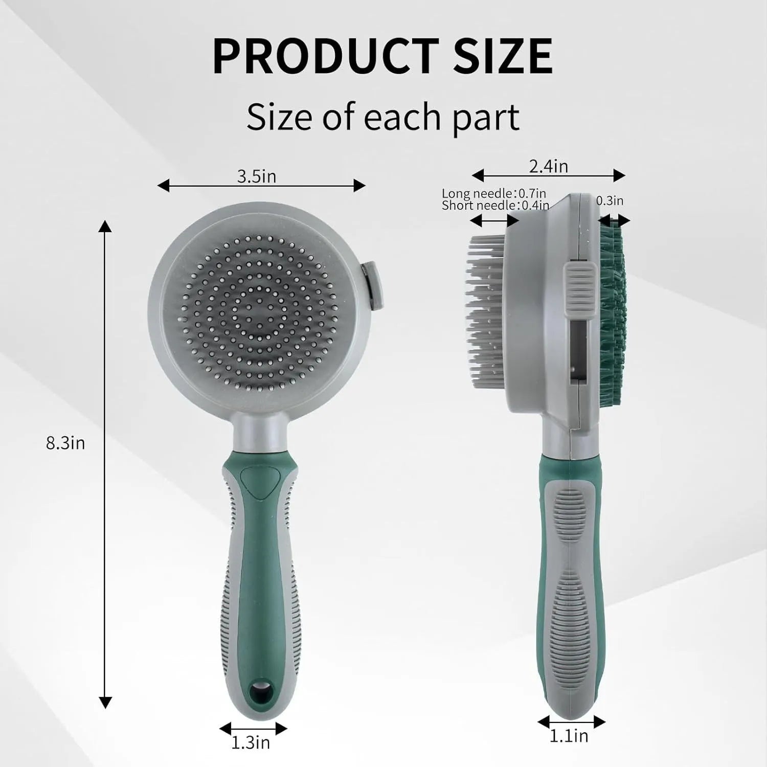 Green two-sided cat grooming brush with retractable slicker and silicone massager head