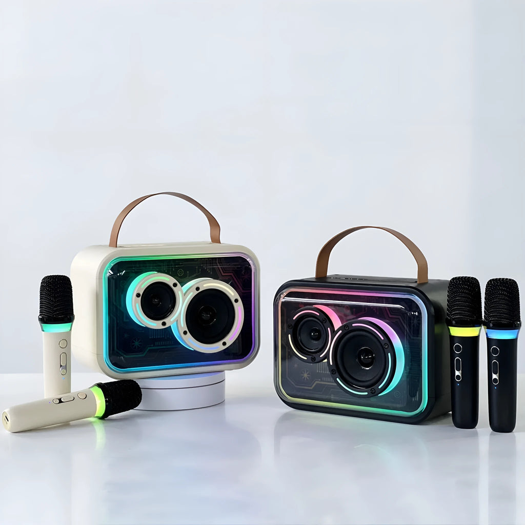 Light yellow portable Bluetooth karaoke speaker with RGB lighting and microphone