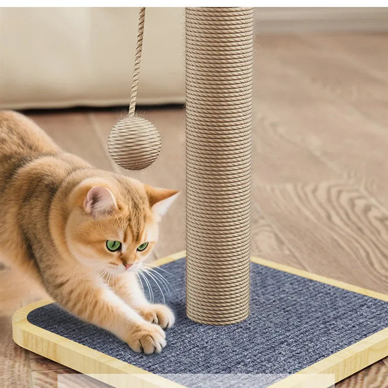 Simple modern cat climbing frame with a scratch-resistant hanging ball, made from pine wood and carpet leather.