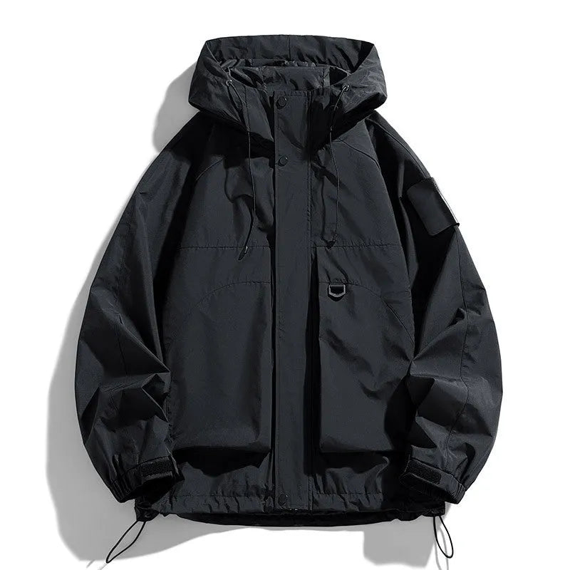 Men's black waterproof windproof hooded jacket on a hanger, showing long sleeves and regular length.