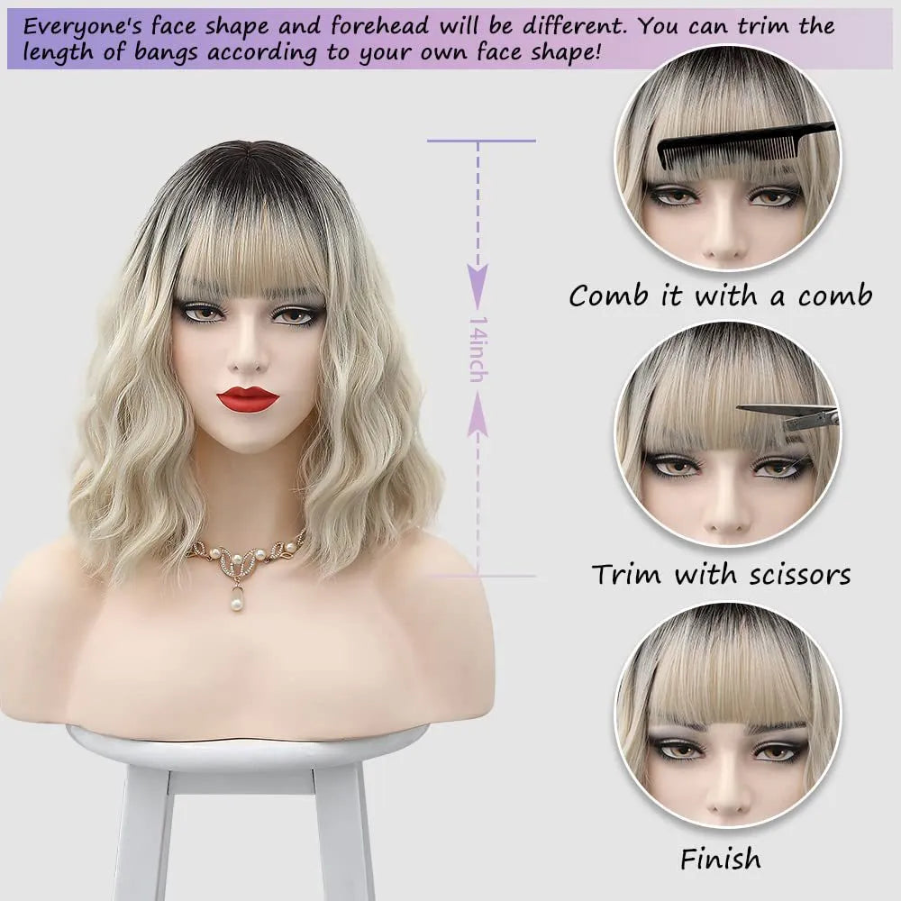Women's short hair wig in ethnic style with oblique bangs, made from high temperature silk in image colour