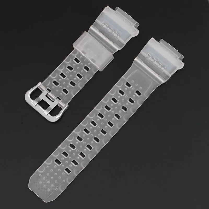 Camouflage pattern TPU rubber watch strap with silver buckle for G-Shock-style watches.