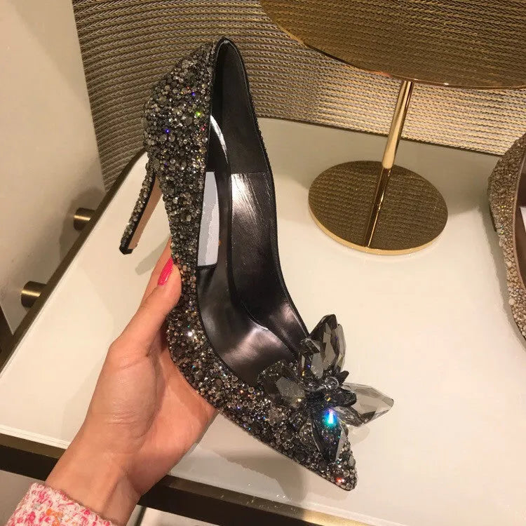 Women's pointed toe stiletto heels with rhinestone decorations in gold and silver colours