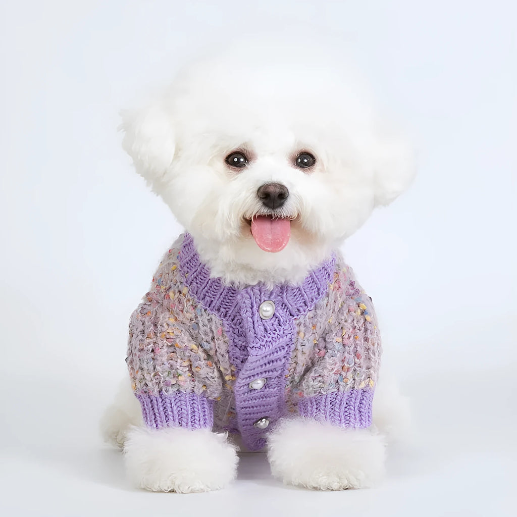 Purple dog cardigan sweater on pet model showing casual polyester construction