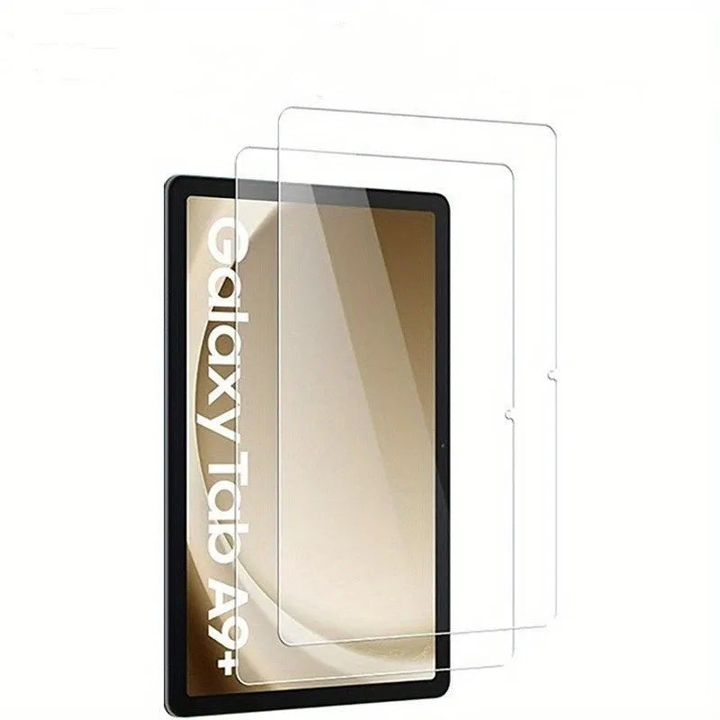 Samsung Galaxy tablet with tempered glass screen protector showing edge detail and anti-fingerprint surface