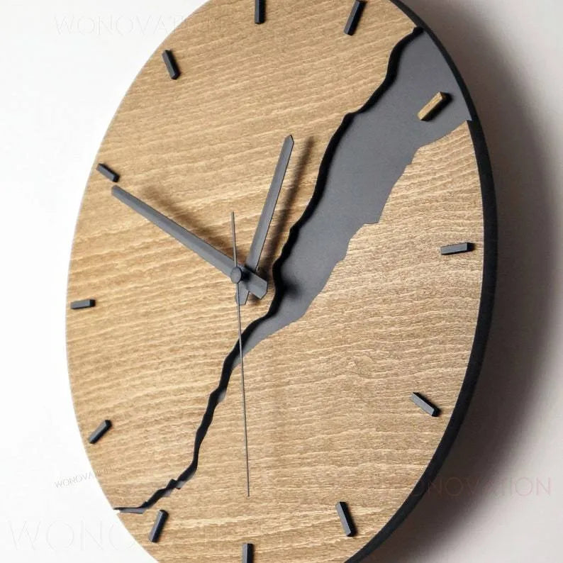 Modern creative crack design wooden wall clock in a choice of five colours on a wooden shell.