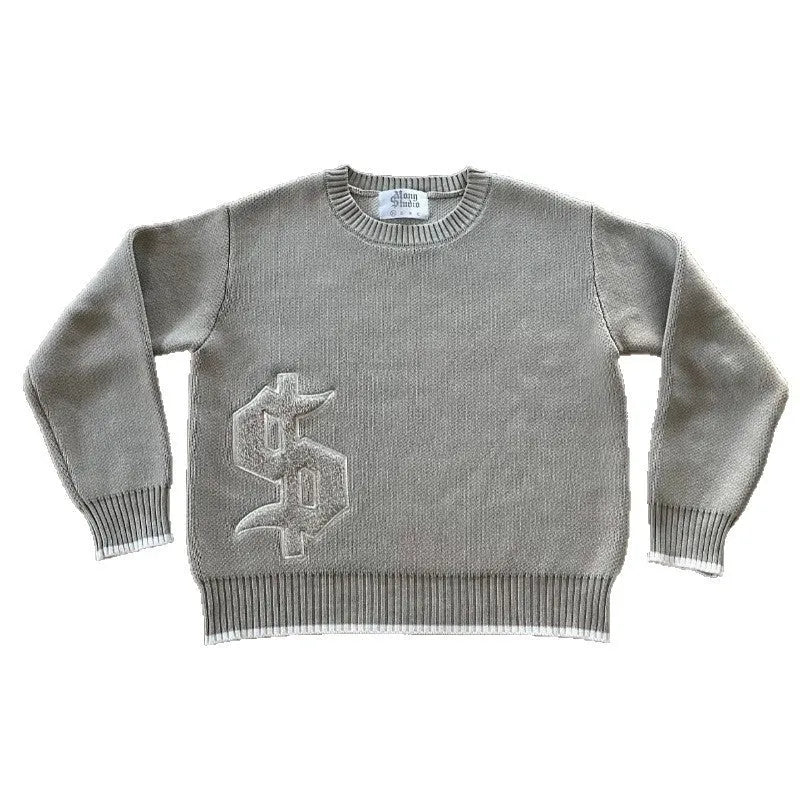 Gray loose-fitting Jacquard knitwear coat with long sleeves on a hanger.