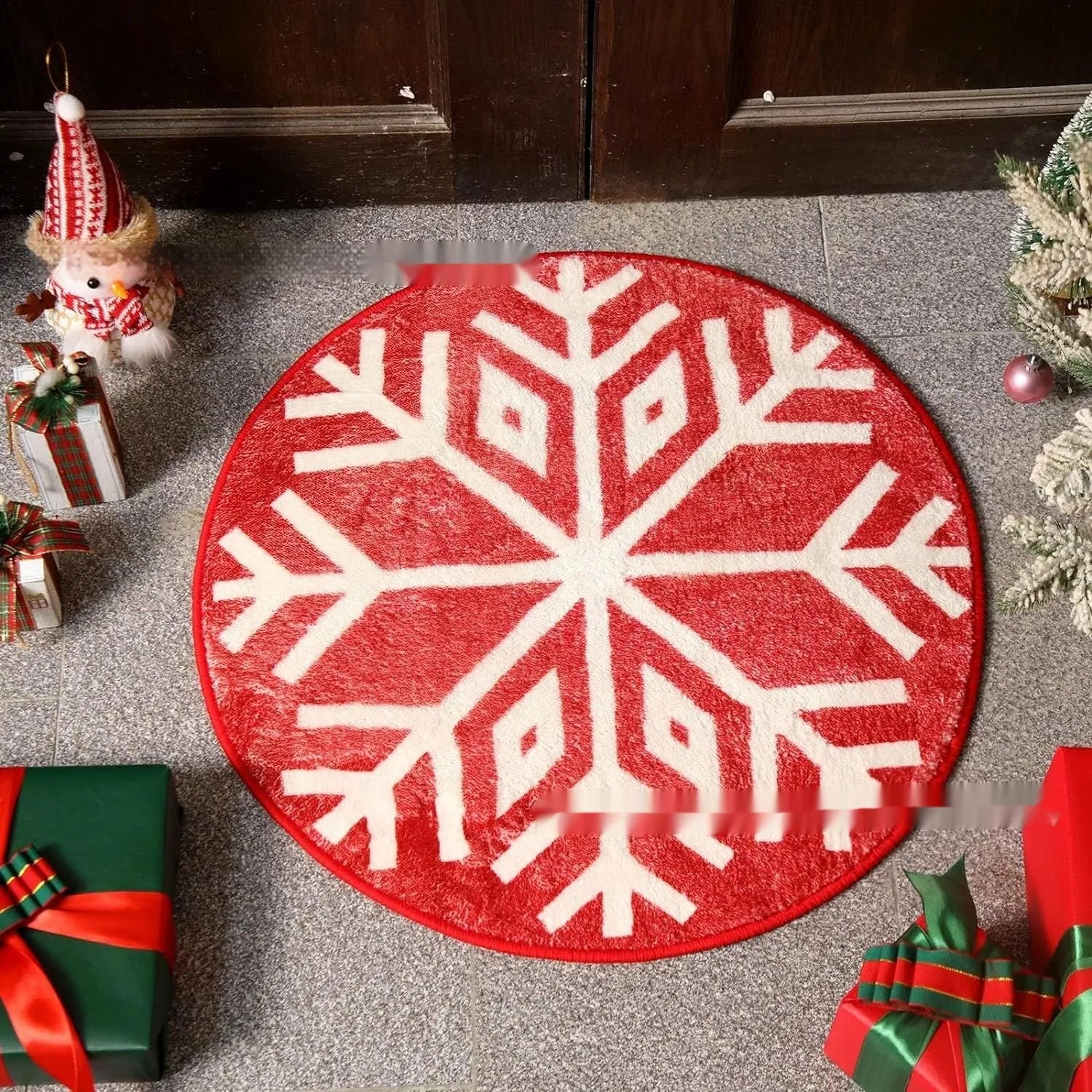 Christmas-themed round polyester carpet with festive printed design, shown in two size options.