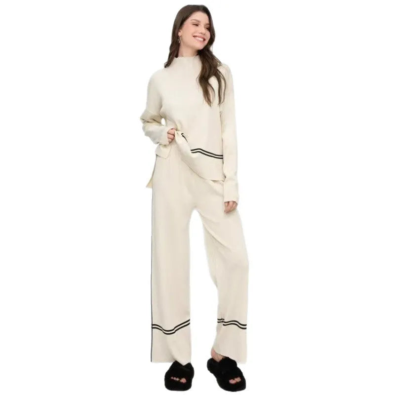 Women's knitted two-piece set with long-sleeve top and pants in five colours, autumn winter casual wear