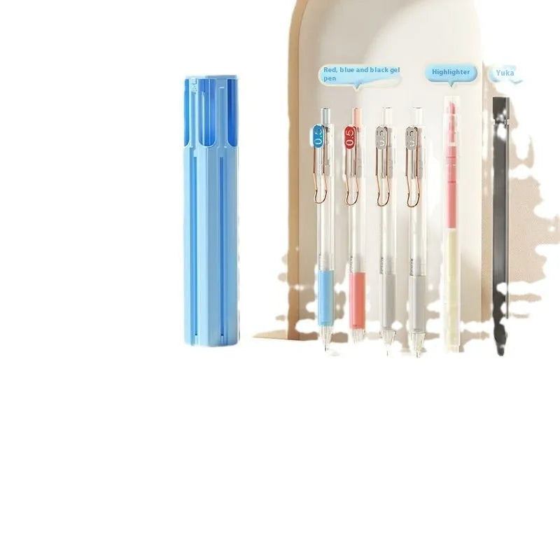 Plastic pressing pen kit with pencil case holding six pens in sky blue, vigorous white or girl pink colours