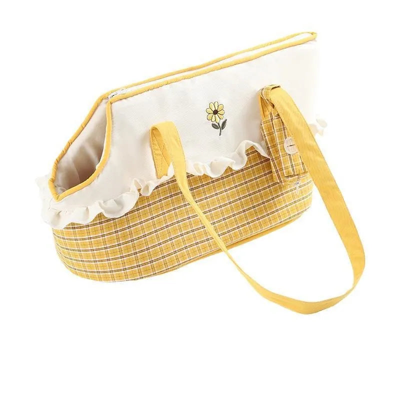 Shoulder cat bag pet carrier with cartoon pattern in green, red stripe, or yellow colours showing plush interior