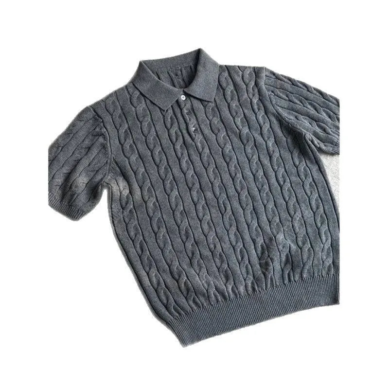 Man's grey twisted knit cotton style short sleeve T-shirt on a hanger