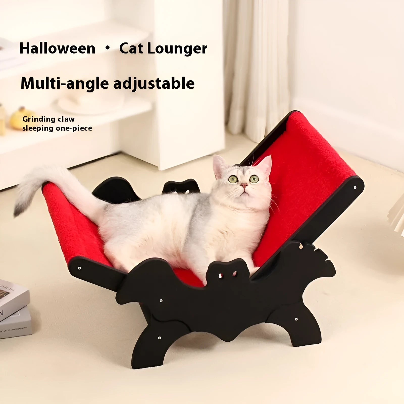 MW-054 wooden cat recliner bed with black and red bat Halloween design.