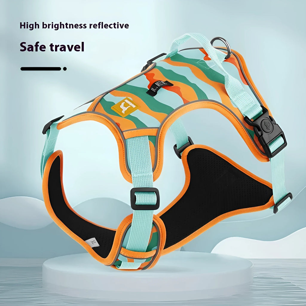 Adjustable dog leash with reflective strips on the chest and back harness, made from orange Oxford cloth.